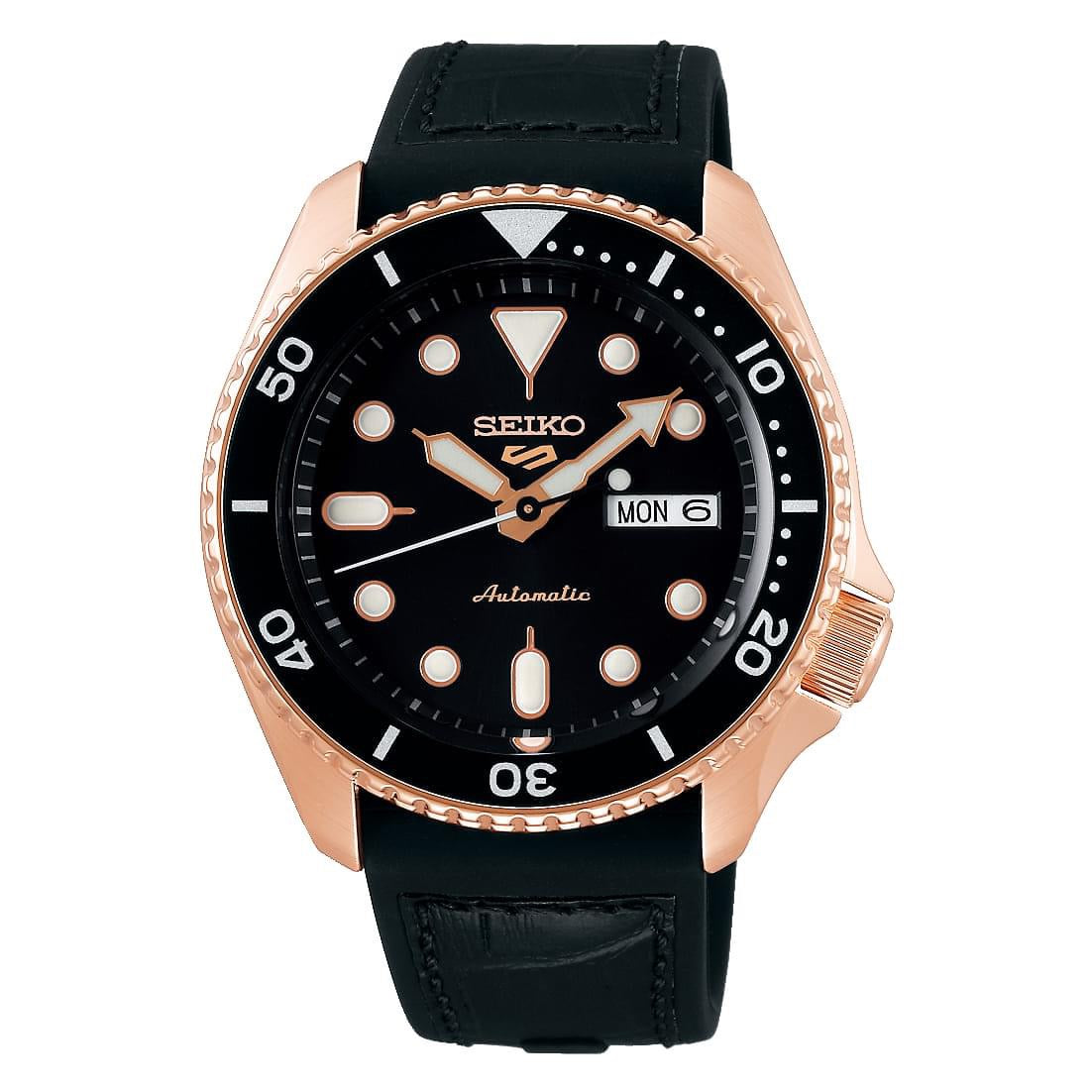 Seiko 5 Sports Super Luminous SRPD76K1 Automatic 100m Black Dial Rosegold Stainless Steel Rubber Silicone Watch