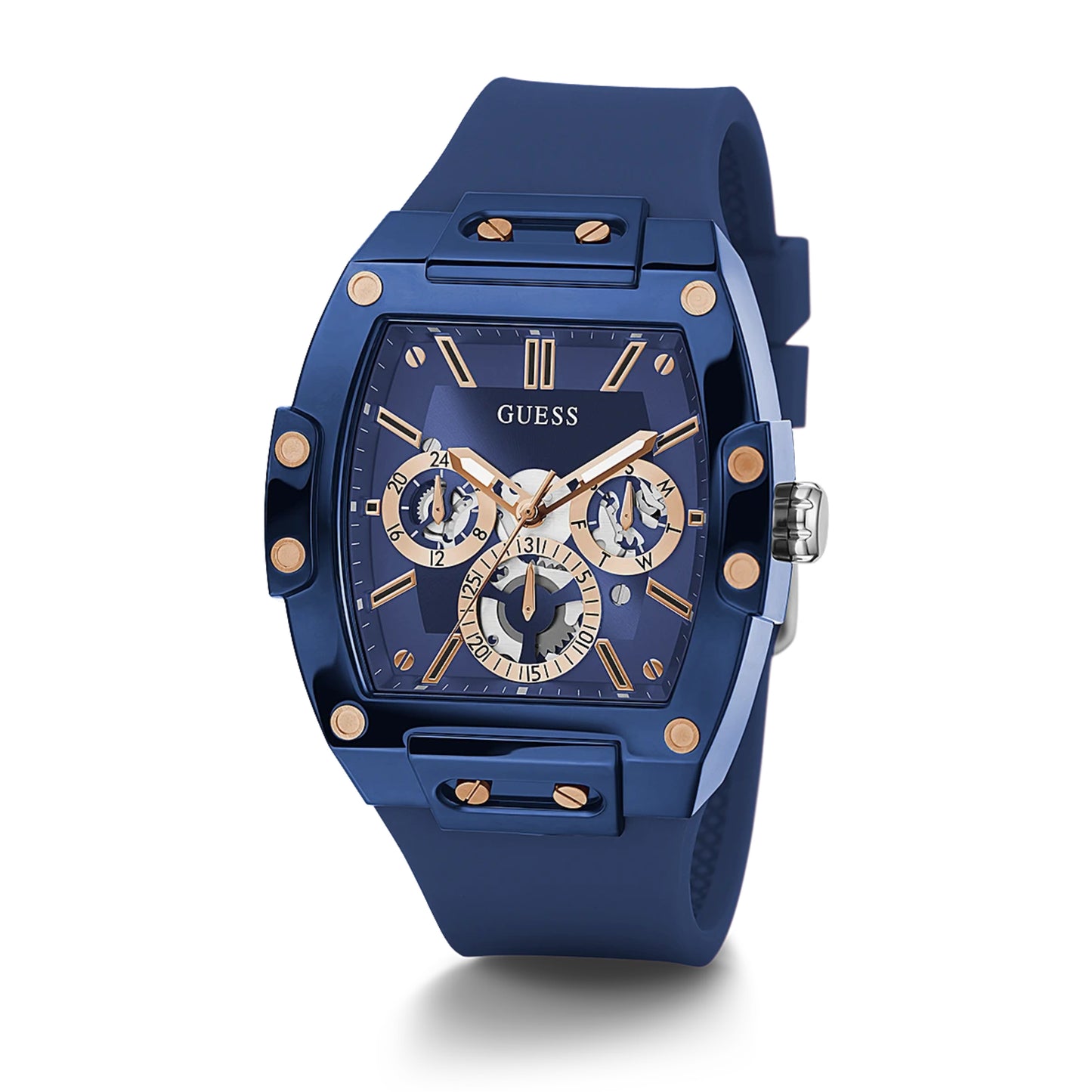 Guess GW0203G7 Rose Gold-Tone and Blue Silicone Multifunction Watch Unisex