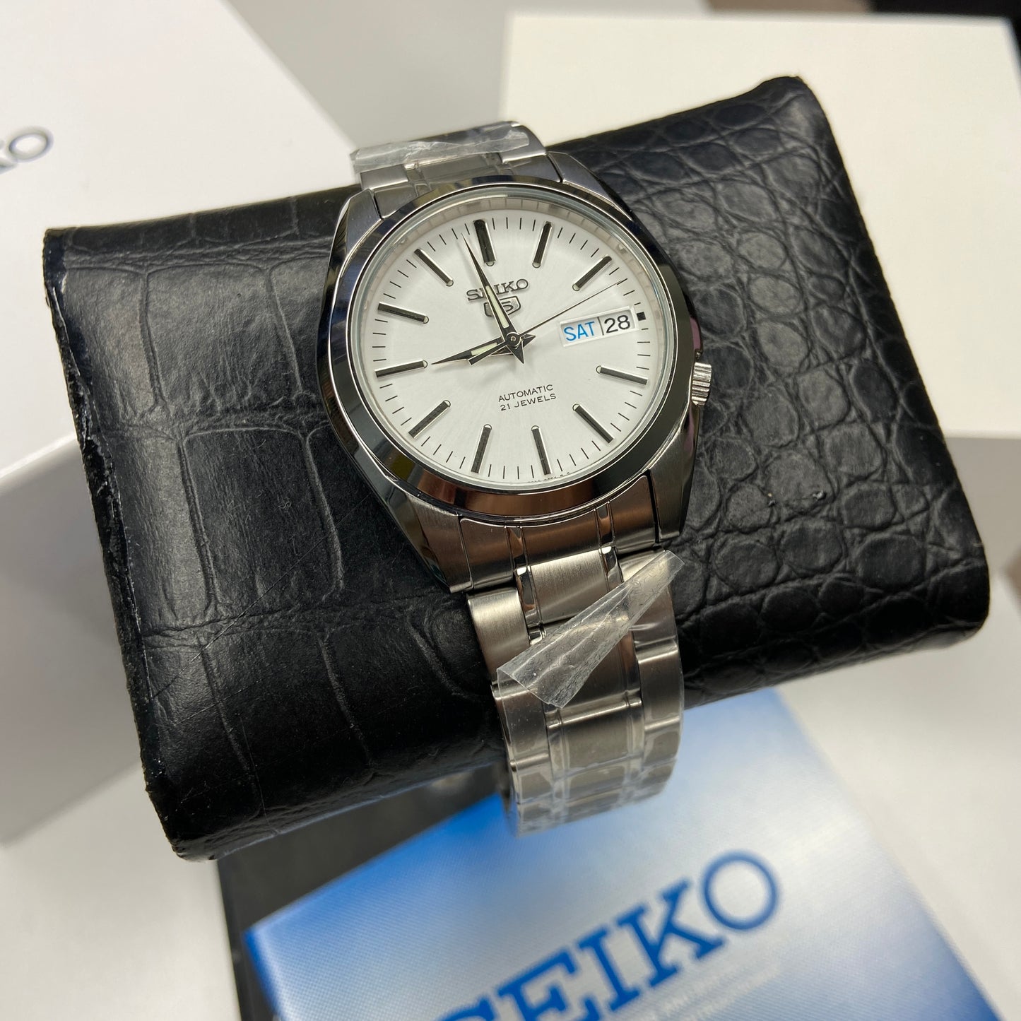 Seiko 5 SNKL41K1 White Dial Automatic See-thru Back Case Stainless Steel Bracelet Watch