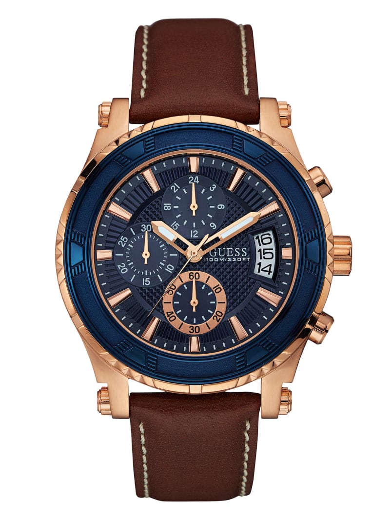 Guess Men's Brown and Rose Gold-Tone Leather Sport Watch W0673G3