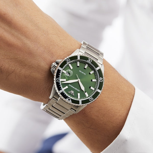 Emporio Armani Men's Three-Hand Date Green Dial Stainless Steel Watch AR11338